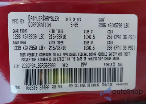 2005 Chrysler Town & Country Limited z USA, uszkodzony, nr VIN 2C8GP64L95R562993